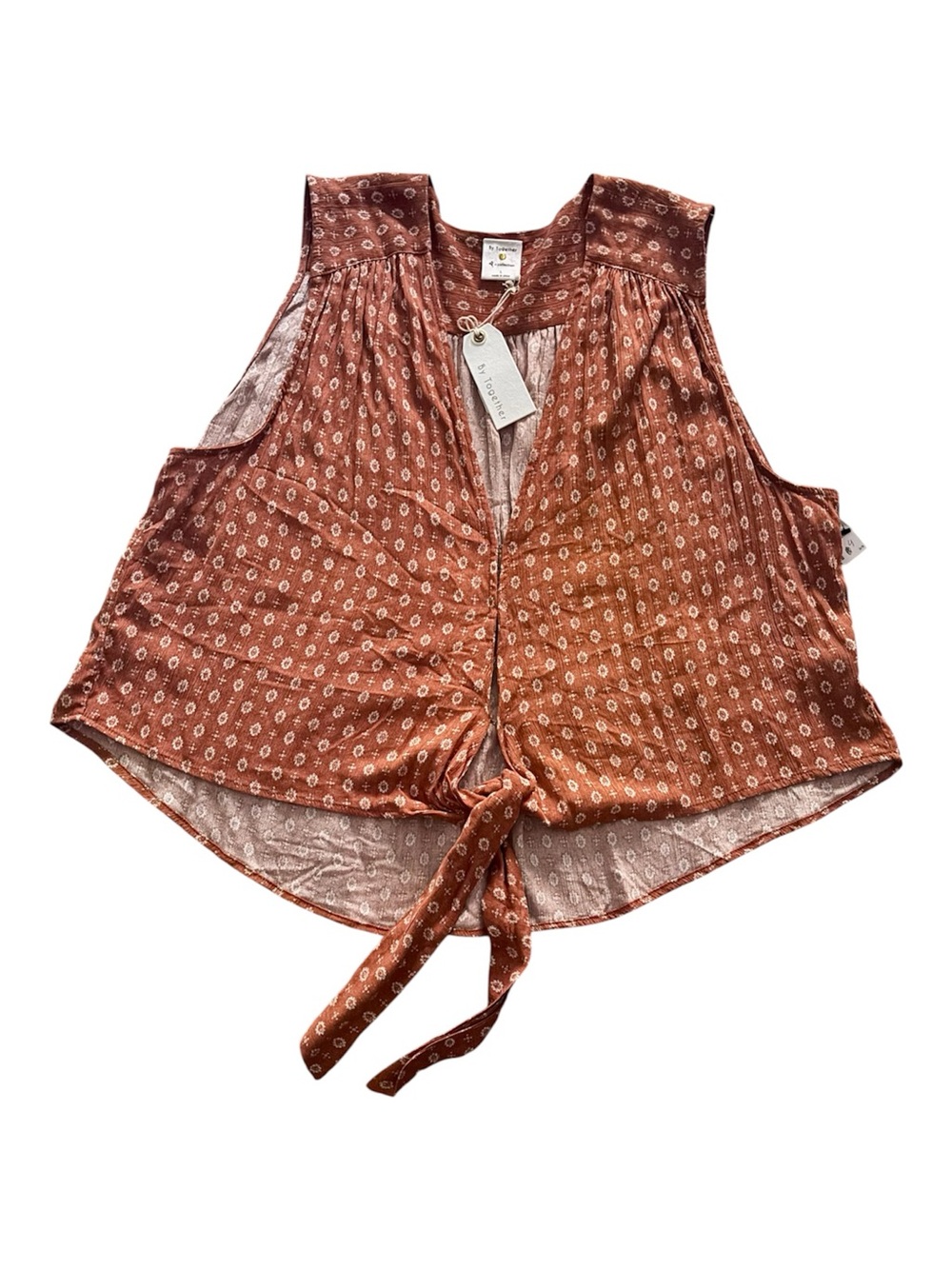 By Together Rust Printed Tie-Front Sleeveless Blouse, Breezy Relaxed Fit, NWT